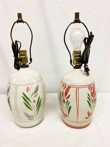 lot 84 image: Darling Vintage Pair&nbspCalifornia Ceramic Designers Inc&nbspHand Painted FloralStoneware Pottery&nbspLamps&nbspHand Painted Floral Stoneware Pottery - 18 Tall - Excellent Working Condition