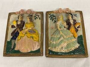 lot 122 image: Vintage Chalkware 3D Relief Design Wall Plaque Victorian Courting Couple Hand Painted Approx 8.5 x 10.5 - Great Condition