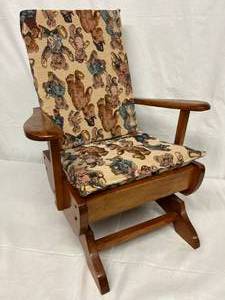 lot 81 image: Antique Childrens Rocking Chair With Teddy Bear Tapestry Cushions - Excellent Working Condition