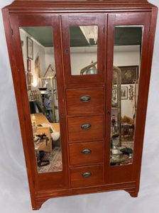 lot 93 image: Charming Antique Wood Wardrobe Armoire 3 Door Mirrored Cabinet With 4 Doors - Locking WITH KEY & It Works - Great Vintage Condition - Light Signs Of Age & Usage