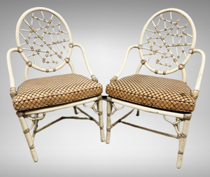 lot 10 image: 2 Elinor McGuire Iconic Cracked Ice Dining Chairs -Crackle Finish Bamboo -1 Chair Has Breaks In Bottom Supports - Some Binding In Chairs Are Loose - Pillows Need Recovering - Even In Current Condition These Chairs Sell For Staggering Prices See Pics