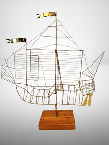lot 6 image: MID CENTURY MODERN MCM LARGE BRUTALIST STYLE SANTA MARIA BRASS SAILING SHIP JUNKET  24 X 24 - GREAT VINTAGE CONDITION
