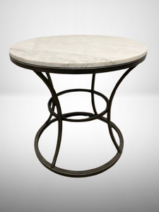 lot 2 image: MSRP $700 HAMMARY LIVING ROOM IMPACT ROUND WHITE MARBLE TABLETOP & BRONZE WITH SILVER UNTDERTONES METAL END TABLE - GREAT CONDITION