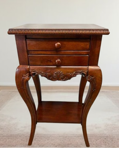 lot 21 image: Vintage French Louis XV Style Carved Walnut 2 Drawer Nightstand - Great Pre-owned Condition
