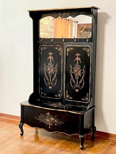 lot 34 image: Glamorous Victorian Inspired Black Distressed Wooden&nbspEntryway Hall Tree With Storage Bench - Great Condition - Benchtop Has Some Bubbling From Water Damage  See Picture &nbsp70 H x 40 W x 18 D