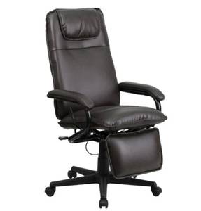 lot 30 image: MSRP $500&nbspExecutive Reclining Swivel LeatherSoft Height Adjustable Office Chair 42D With Footrest -high back design, integrated headrest & padded arms offer superior ergonomic support - Great Condition