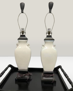 lot 37 image: MSRP $1000 Very Rare Pair High Quality Uttermost Chinoiserie Cream With Blue Undertones Lamps With Elephant Head & Trunk Side Accents - Simple Refined Elegance