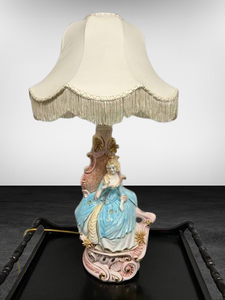 lot 42 image: Magnificent & Awe Inspiring Vintage Italian Porcelain Female Figural Lamp With Shade - Has Sticker & Is Signed - Back Side Of Lamp Shade Has Wear - Female Hand Looks To Have Been Repaired One Or Two Chips To Flowers - All Pictured 36 Tall