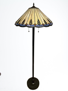 lot 49 image: Superb Vintage Tiffany Stained Glass Style Floor Lamp With Bronze Color Base & Please Note The Rare Scroll Work Applied To the Shade - Quite Beautiful Once Lit