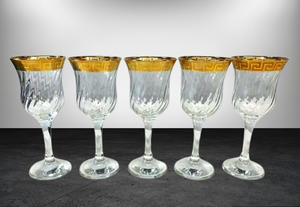 lot 26 image: Set Of 5 Murano Italian Gold Rim Greek Key Swirl Wine Glasses - Great Pre-owned Condition