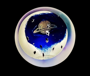 lot 67 image: Super Cool  Look Into My Glass Ball & What Do You See Glass Eye Studio 1999 Art Glass Iridescent Celestial Series Saturn Paperweight - Signed Saturn & Etched GES 99