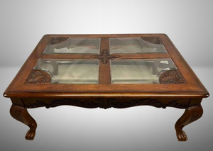 lot 88 image: Vintage Bold Mahogany Style&nbspCarved&nbspWood & Beveled Glass Top Coffee Table - Chippendale Style Claw Foot - Mild Wear - Heavy & Sturdy - 50x50x19