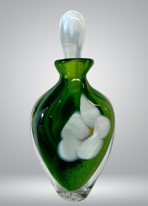 lot 56 image: Precious & Lovely Small Art Glass Floral Perfume Bottle With Stopper - Signed & Dated 2003 - Unable to recognize artist name - Stopper End Has Broken Off