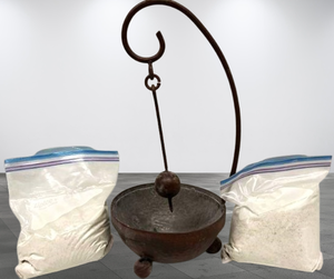 lot 55 image: Vintage Folk Art Wrought Iron Ball & Chain Swinging Pendulum In Sand - Bowl Looks To Be Hammered - Great For Meditation