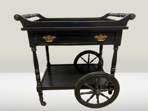 lot 36 image: Rare & Fabulous Vintage Black Federal Style Two Tier Rolling Bar Tea Dessert Cart Serving Trolley With Large Drawer - Excellent Pre-owned Condition