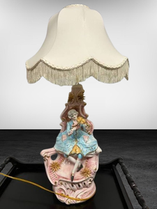 lot 43 image: Magnificent & Awe Inspiring Vintage Italian Porcelain Male&nbspFigural&nbspWith Violin Lamp With Shade - Is Signed - Light Wear To Shade - Only Damage To Lamp Found Was Crack On The Back - Pictured - 36 Tall