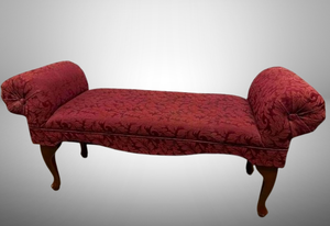 lot 54 image: This Is Drama Waiting To Happen  Luxurious Burgundy Red End Of Bed Or Stand Alone Backless Sleigh Bench With Rolled Arms & Elegant Queen Anne Legs - Great Pre-owned Condition &nbspApprox 48L x 17W x 21T, Seat 15T