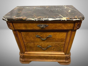 lot 77 image: MSRP $1000 Gorgeous High Quality & European Styling AMERICAN DREW  3 Drawer Nightstand In&nbspWhite Ash Burlwood WHand Applied Glaze &&nbspMarble Top - Top Drawer Is Lined With Felt - Excellent Pre-owned Condition