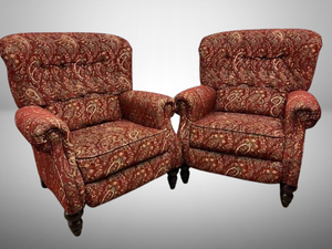 lot 78 image: Attractive & High Quality Extra Large Pair Lazy Boy Upholstered Wing Back Recliners - Love the modern legs on this great pair of very comfortable chairs