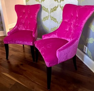 lot 11 image: Pair of Luxurious Upholstered Hot Pink Demille Accent Chairs