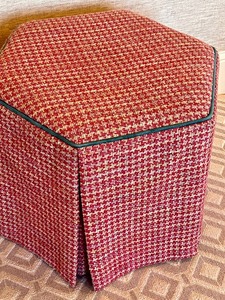 lot 75 image: Lovely Hexagon Upholstered Ottoman and Two Coordinating Throw Pillows