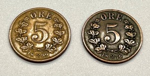 lot 43 image: 1876 5 Ore Norwegian Coin & 1899 5 Ore Norwegian Coin