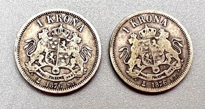 lot 42 image: (2) 1876 1 Krona Coins - (2) 1 Krona Oscar II O in Title