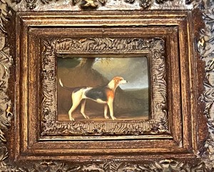 lot 143 image: Original Oil on Board Dog Painting in Lovely Ornate Frame
