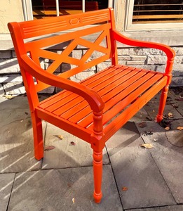lot 378 image: Bright Orange Wooden Bench with a Pair of Colorful Accent Pillows