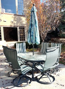 lot 377 image: Patio Table with 6 Swivel and Rock Chairs, Umbrella, Stand and Cover
