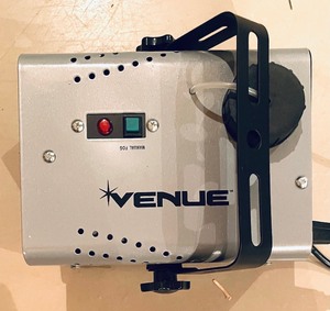 lot 412 image: Venue Fog Machine with Black Label Fog Fluid, Strobe Light, Micro Galaxian Light with Remote and Battery Operated Disco Ball