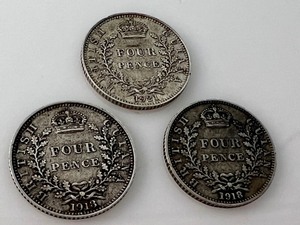 lot 46A image: (2) 1918 Four Pence British Coins & (1) 1921 Four Pence British Coin