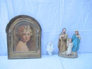 lot 31 image: Lot of Vintage Religious Items Baby Jesus Light of the World Wall Art, an Angel Holy Water Font and a Statue of Jesus, Mary and Joseph.