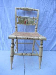 lot 36 image: Beautiful Vintage L. Hitchcock Wood handpainted and stenciled Wedding Scene Chair.