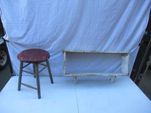 lot 56 image: Lot of 2 Vintage Primitive Items Stool and Wall Shelf