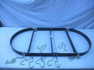 lot 58 image: Metal Oval Ceiling Pot & Pan Hanging Rack with Grid, Chains and Hooks