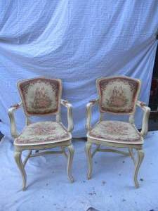 lot 8 image: Pair of Vintage Hand Painted Boudoir Arm Chairs-French Design with Tapestry Upholstery.