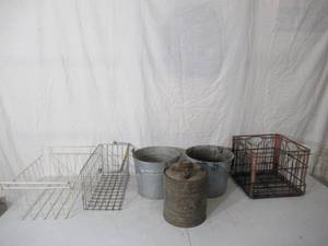 lot 71 image: Miscellaneous Vintage Lot Pails, Baskets, Metal Milk Crate