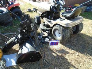 lot 110 image: Craftsman LTX1000 42 hydro mower. 20 twin Briggs. With 42 snow blower & pulley attachment & wheel weights. Tested & works. As shown. THIS ITEM HAS A RESERVE.