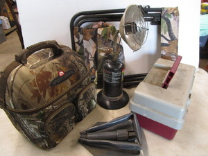 lot 214 image: Cooler, Shovel, Heater, Stool