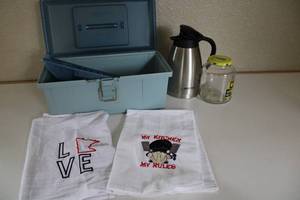 lot 78 image: Bestek Insulated Stainless Steel Thermal Carafe For Coffee - Glass Jar W Lid - Two Decorative Towels - Tool Box, Etc.