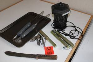 lot 83 image: Miscellaneous Items-Metal Tray-BBQ Meat Turner-Utility Knives-Electronic Insect DetectorKiller