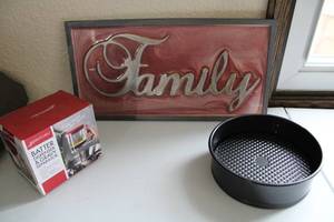 lot 96 image: Gias Kitchen Batter Dispenser & Gravy Separator--Family Sign--Round Metal Pan