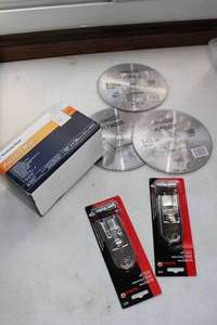 lot 112 image: Kimberly Clark Procedure Masks-Two Red Devil Single Edge Razor Blades Plackets-Three Tool Shop Plywood 7 14 Saw Blades