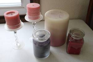 lot 125 image: Five Candles--One Is A Colonial Candle Of Cape Cod--(PartyLite)-- Two Glass Candle Holders