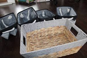 lot 149 image: Four Baskets With White Rope Handles--White Wicker Basket