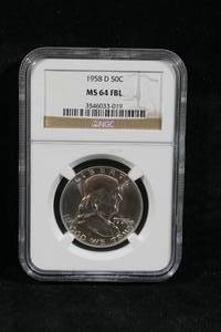 1958-D US Franklin Silver Half Dollar Coin - NGC MS-64 FBL