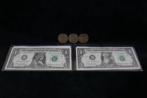 US Dollar Bills with Angel and Santa Stickers, $1 Coins
