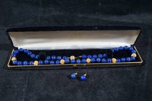 Lapis Stone Necklace and Stud Earrings - 14K Yellow Gold