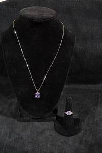 Sterling Silver Ring and Pendant with Chain - Clear Purple Stones